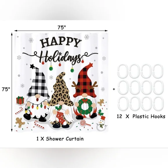 🔥2For$20 Festive Gnome HAPPY Holidays Shower Curtain - Picture 2 of 5